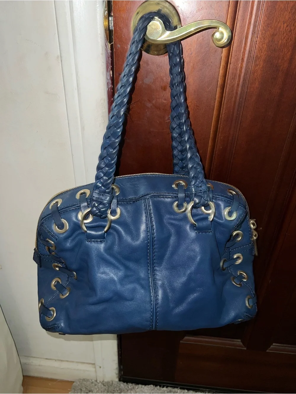 Michael Kors Blue Leather Satchel Handbag with Braided Handles and Tassels